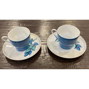 Paul McCobb Contempri San Remo Blue Leaves Set‎ Of 2 Tea Cup Saucers Plates MCM